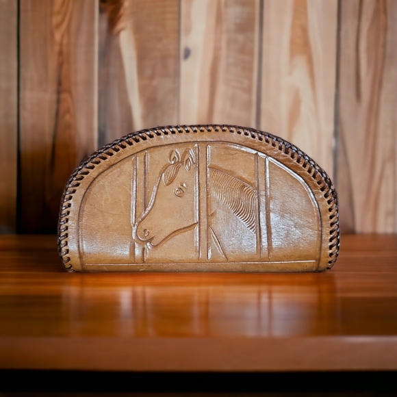Vintage Handbags - Vintage 1970s Tooled Leather Horse Clutch Bag